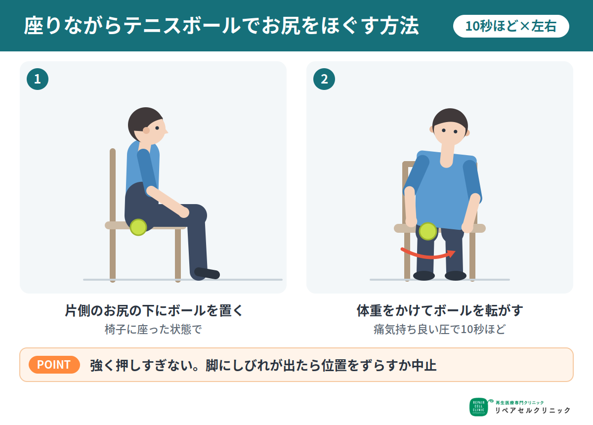座りながらテニスボールでお尻をほぐす方法