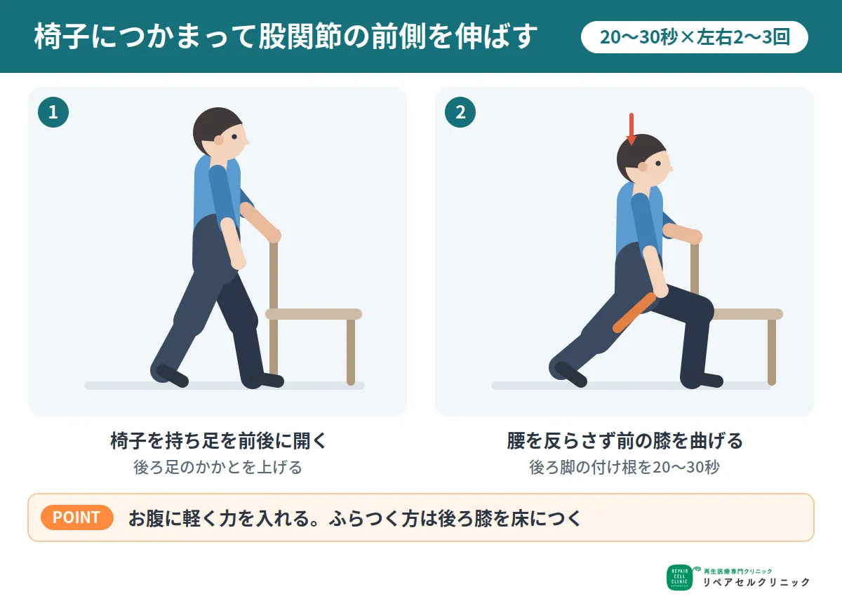 椅子につかまって股関節の前側を伸ばすストレッチ