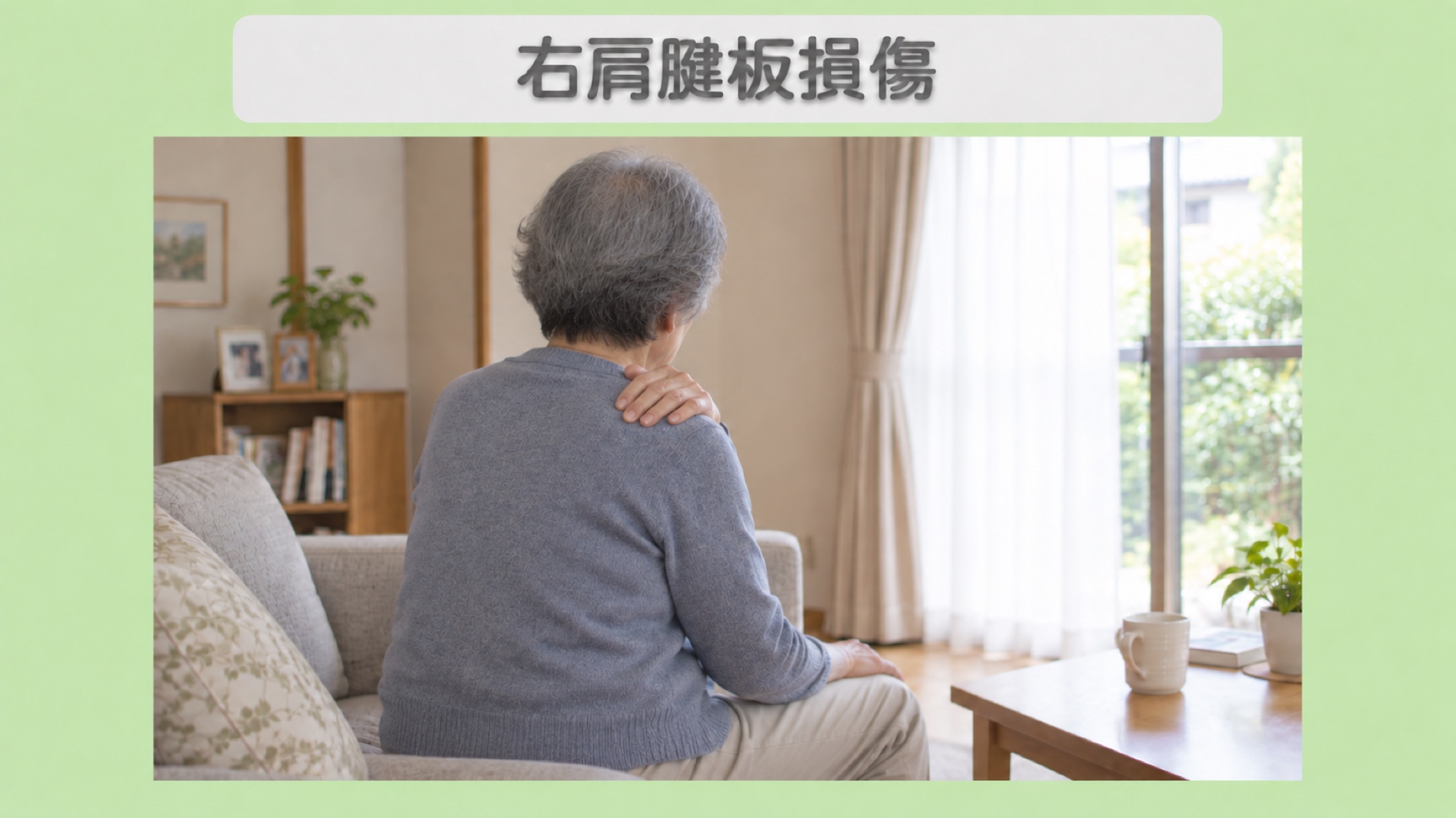 右肩腱板損傷：右肩をかばう70代女性のイメージ（AI生成・患者本人ではありません）